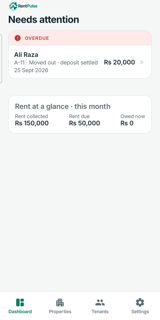 RentPulse home screen showing a tenant whose rent is overdue and this month's rent at a glance
