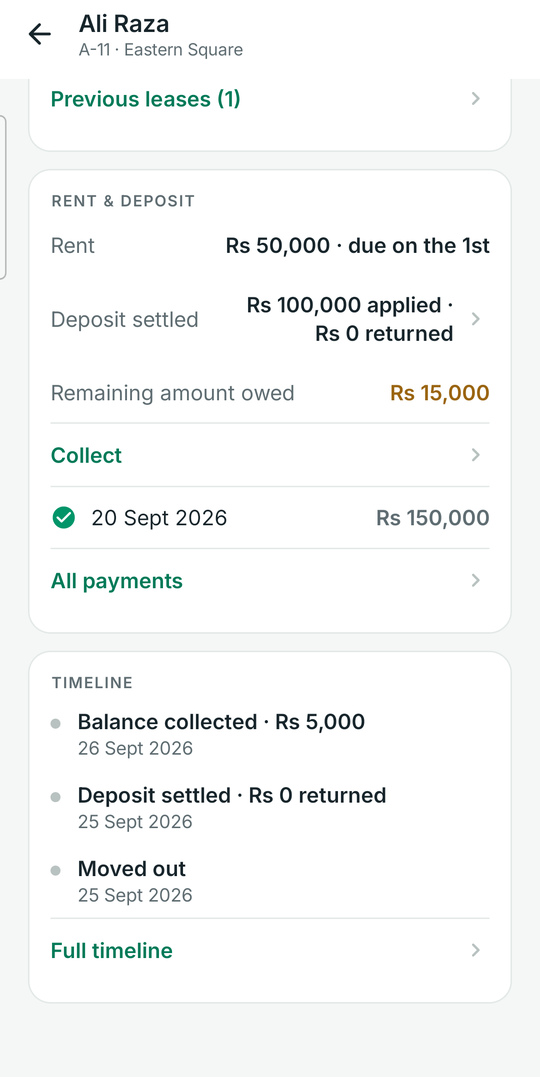 A former tenant's page showing the deposit settlement, the balance still owed and a timeline
