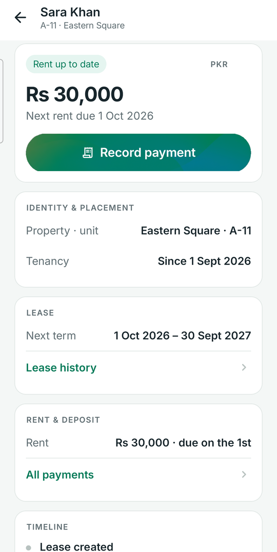 A tenant's page showing rent up to date, the lease term and rent details